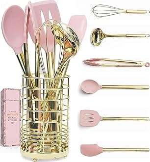 HAMIIS Silicone Pink and Gold Stainless Steel Kitchen Utensils With Holder - Whisk, Ladle, Spatula, Rose Gold Tongs