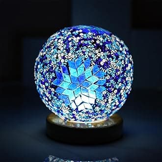 Turkish Table lamp (D:4.7" x H:5.2"),Mosaic Glass Lamps with Wooden Base, Bohemian Tiffany Bedside Lamps, USB Power Moroccan Lantern for Living Room Halloween Decorations (Boho - Sky Blue, Boho)
