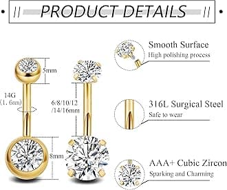 NICEIGHT 2PCS 14G Surgical Steel Belly Button Rings for Women Round CZ Navel Ring Long Belly Rings Belly Piercing Jewelry 6-16MM