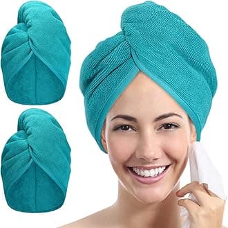 YoulerTex Microfibre Hair Towel Wrap: 2Pack Hair Turban Super Absorbent Rapid Drying Microfiber Towel for Women Curly Long Wet Plopping Hair Girls Head Towelling Large Anti-Frizz (Aqua Green)