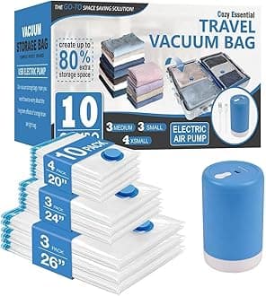 Travel Vacuum Storage Bags with Rechargeable Cordless Electric Pump, Space Saver Bags for Luggage, Suitcase, Carry-On, for Clothes, Blankets, Comforters, Pillows, 10 Combo
