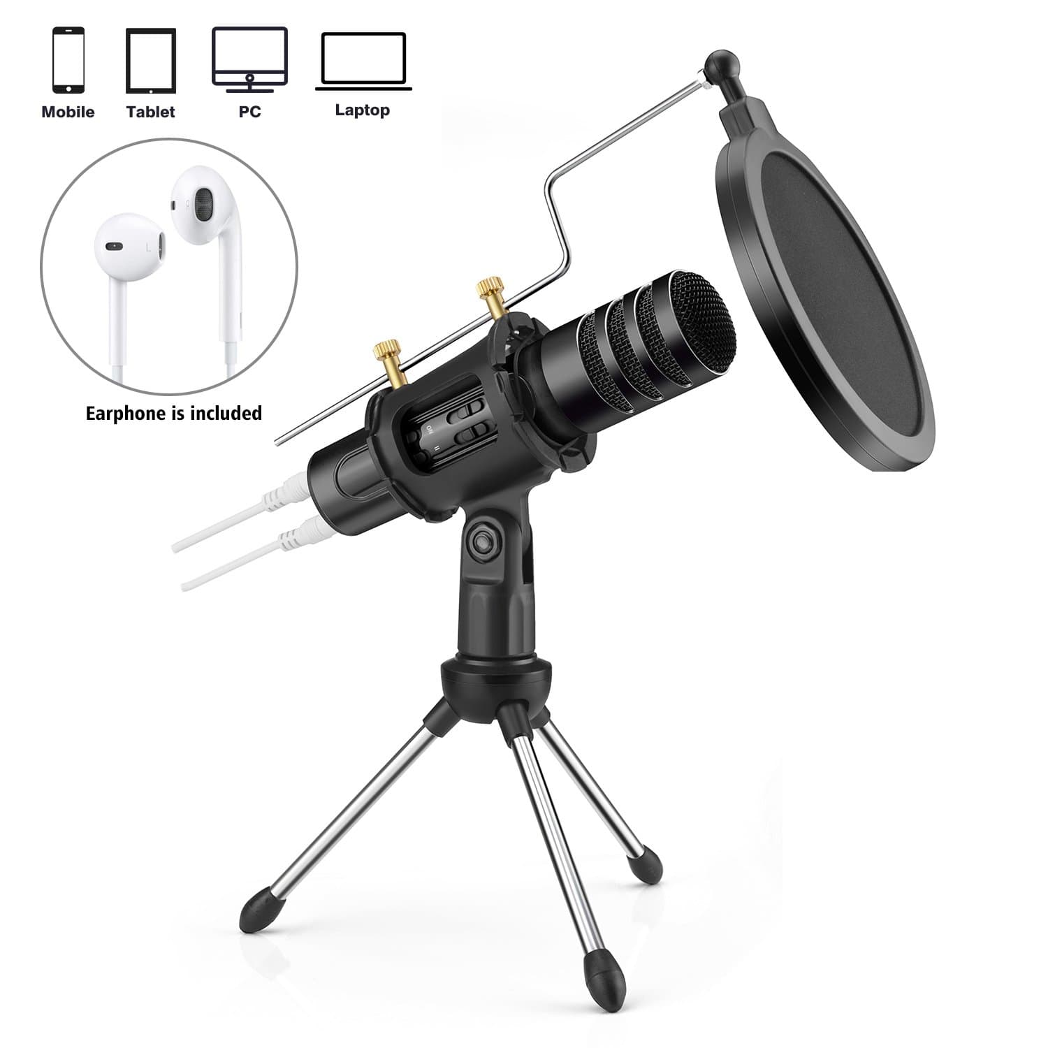 Professional Condenser Microphone for iPhone Android Phone Recording Echo Karaoke Singing Built-in Sound Card MIC Computer PC Microphones with MIC Stand (M20-Black)