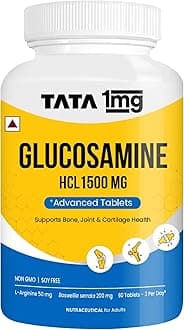 1MG TATA Glucosamine HCL 1500Mg Tablets With Collagen, Boswellia, Rosehip & Arginine - 60 Tablets | For Joint Support & Knee Pain | Supplement For Men & Women | Non-GMO & Soy-Free