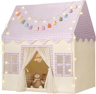 Kids Play Tent Indoor: Mat, Tassel Garland, Star Lights - Purple Checkered Girls Tent Playhouse Kids Toys for Boy Girl Birthday Gift