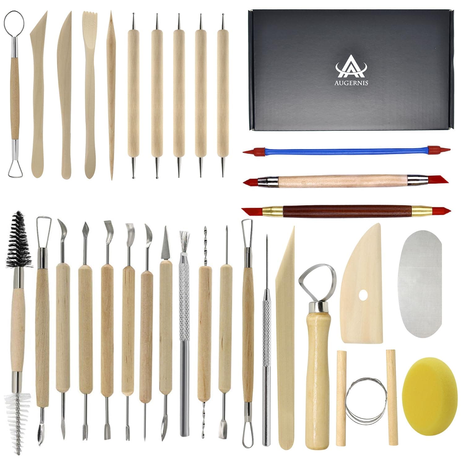 Augernis Pottery Sculpting Tools 32PCS Ceramic Clay Carving Tools Set for Crafts Polymer Clay Club,Dotting,Modeling,Shaping Trimming,Hobbyists,Artists