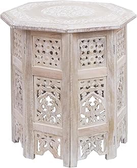 COTTON CRAFTCOTTON CRAFT Solid Wood End Table - Hand Carved Vintage Boho Folding Side Table - Small Spaces Entryway Accent Table - Farmhouse Living Room Bedside - No Tools Assembly - 18x18 Octagon - White Wash