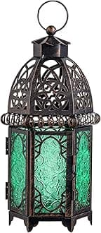 NEEDOMO Hanging Moroccan Lantern, 12.8'' Vintage Candle Holder, Metal Lanterns Decorative Indoor Outdoor, Table, Patio, Porch, Shelf, Gothic Home Decor (Green, Large Size)