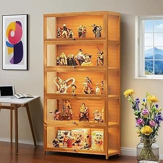 Curio Display Cabinet, 5-Tier Display Case with Acrylic Doors, Transparent Display Shelf for Collectibles & Figurine, Tall Bookcase for Living Room, Bedroom, Office, Bamboo (Brown Flip)