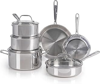 Tefal Pro Tri-Ply Stainless Steel Cookware Set 10 Piece, Induction Compatible Oven Safe 500F, Lids 350F, Fast & Even Heat, Professional Quality & Durability, Pots and Pans Set, Dishwasher Safe, Silver