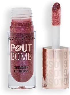 Revolution, Pout Bomb Shimmer Lip Gloss, Buildable Sheer Color, High-Shine with Hyaluronic Acid & Sweet Vanilla Scent, Vegan & Cruelty-Free, Berry Lustre, 0.15 oz