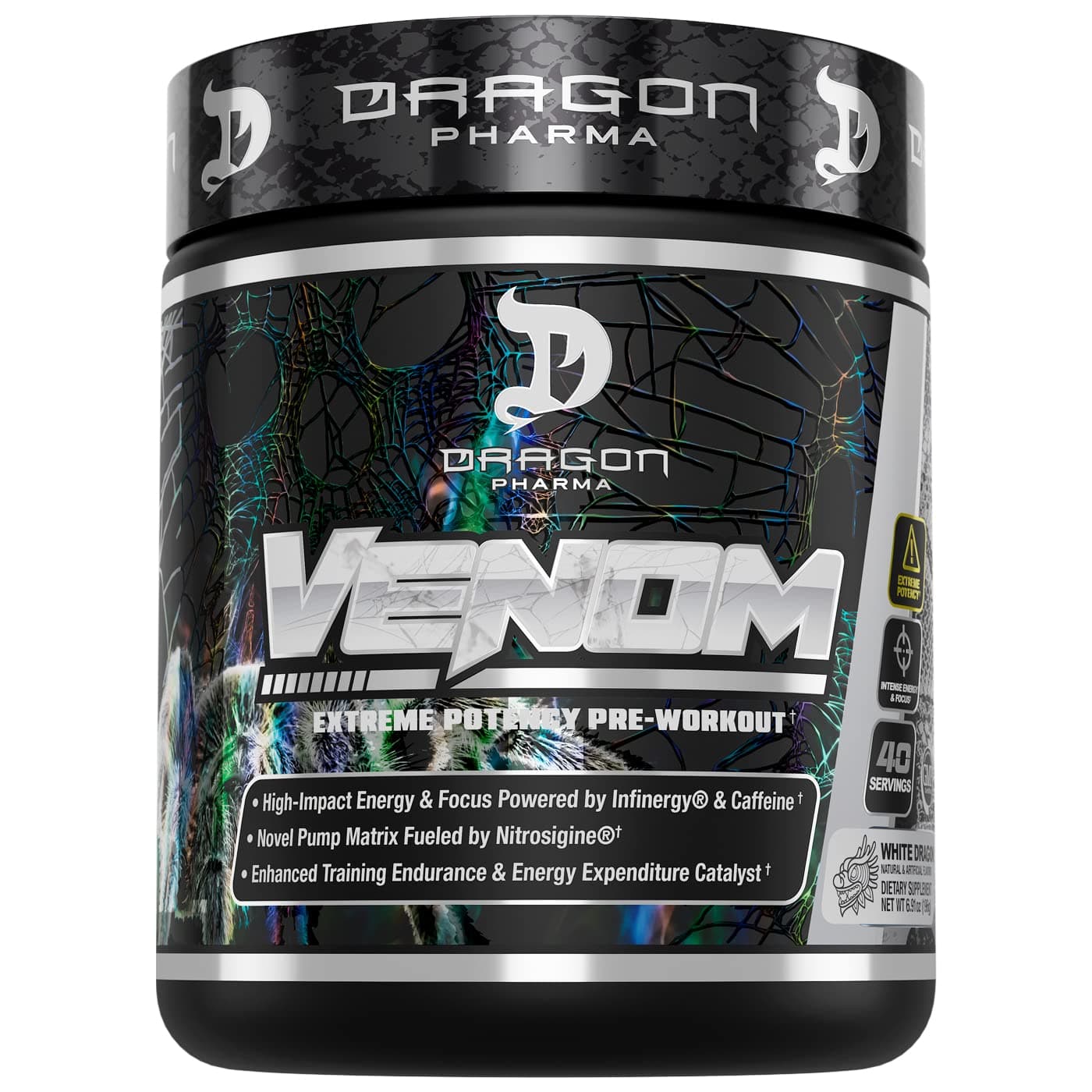 DRAGON PHARMA Venom Extreme Potency Pre-Workout, Laser Sharp Focus + Energy, Intense Performance, Proven Ingredients for Enhanced Vasodilation & Endurance (40 Servings, White Dragon)
