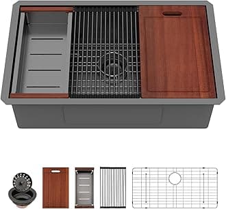 Sarlai 32 Undermount Sink Black Stainless - 32" x19" Kitchen Sink Ledge Workstation Gunmetal Black 16 Gauge Stainless Steel Deep Single Bowl Under Counter Rectangular Sinks Basin