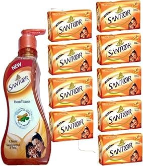 SANTOOR Soap Sandal and Turmeric+Handwash Classic Sandalwood & Tulsi (Set of 7)