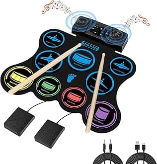 Upgraded Electronic Drum Set，Marrilley 9 Drum Pad, Big Roll-up Drum Pad, Built-in Dual Stereo Speakers, Drum Sticks, Foot Pedals 10 Hours Playtime,Ideal Christmas Holiday Gift for Kids