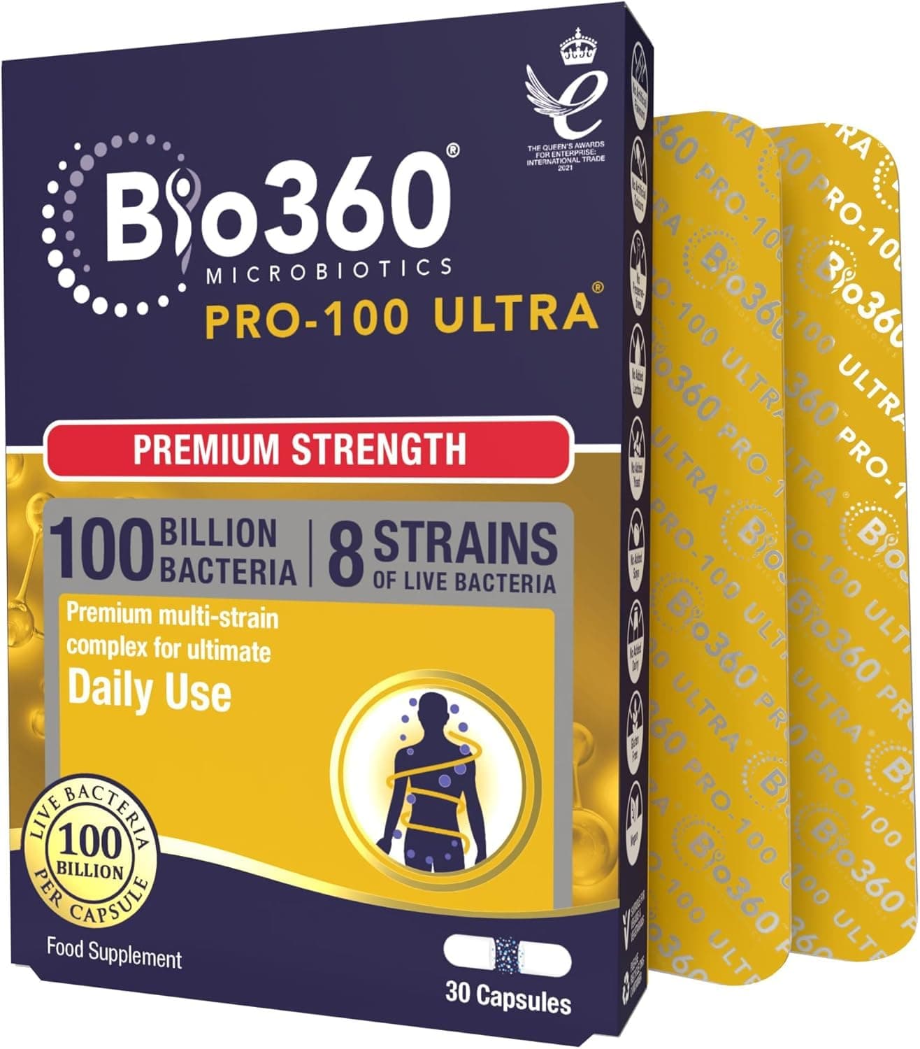 Bio360 PRO-100 ULTRA | Premium Multi-strain Super Strength Complex for Ultimate Daily Use | Vegan Probiotic | Dairy & Gluten Free | 30 Capsules