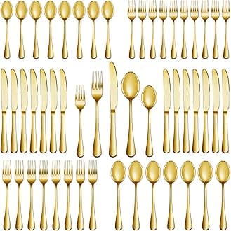 MUTNITT 60 Pcs Gold Silverware Set Service for 12, Premium Stainless Steel Flatware Set, Cutlery Utensil Set, Durable Home Kitchen Eating Tableware Set, Include Fork Knife Spoon Set, Dishwasher Safe
