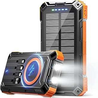 Power Bank 49800mAh Solar Charger Wireless Charging USB-C 5V/3.1A Fast Charging with 4 Built-in Cables LED Flashlight Battery Pack Compatible with iPhone, iPad, Galaxy, Perfect for Camping, Hiking