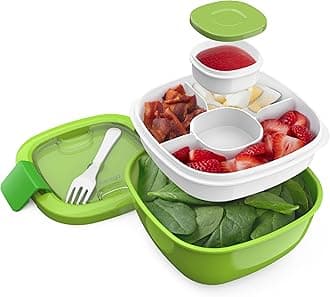 BentgoAll-in-One Salad Container - Large Salad Bowl, Bento Box Tray, Leak-Proof Sauce Container, Airtight Lid, & Fork for Healthy Adult Lunches; BPA-Free & Dishwasher/Microwave Safe (Green)