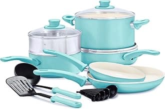 Soft Grip Healthy Ceramic Nonstick 12 Piece Cookware Pots and Pans Set, PFAS-Free, Dishwasher Safe, Turquoise