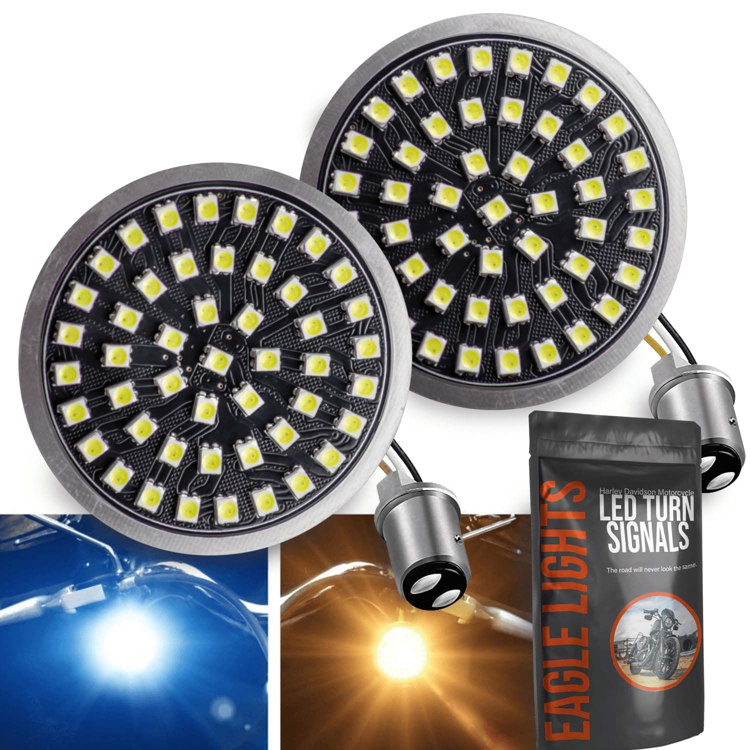 Eagle Lights Generation II Midnight Edition 2 Inch LED Front Turn Signals with White Running Lights Compatible with Harley Davidson Motorcycles - 1157 Base