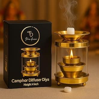 True Decor 4 Inches Camphor Diffuser/Aroma Incence Burner/Kapoor Dani Brass Akhand Diya for Puja with Borosilicate Glass Cover || Multipurpose Essential Oil Camphor Burner (Pack of 1)