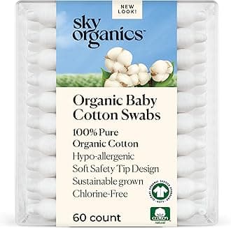 Organic Baby Cotton Swabs, 60 ct. - Ultra Soft Baby Safe Tips - Strong & Durable - Hypoallergenic - Chlorine Free - Natural, Vegan & Cruelty Free - Skin Care & Baby Care