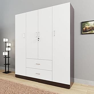 VIKI Wardrobe | Wooden Almirah for Clothes,Door for Bedroom, 4 Door Wardrobe with Drawer & Hanging Space (Dark Wenge, Frosty White - 40D x 160W x 180H) | 1 Year Warranty | Free Assembly