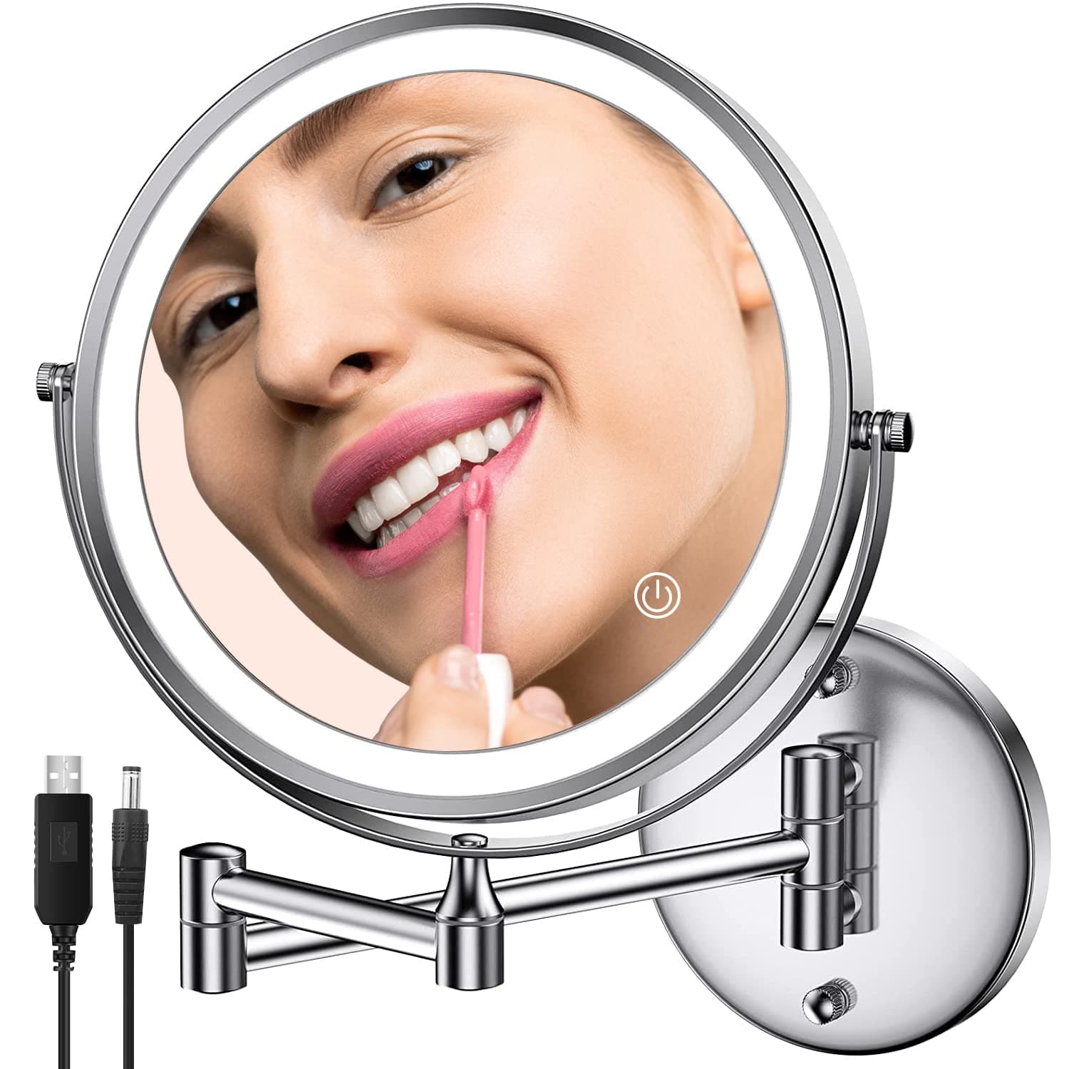 Wall Mounted Makeup Mirror 8" 1X/5X Magnification Mirror LED Lighting Basic Cosmetic Mirror Touch Adjustable Brightness Light to Dark Double-Sided Swivel Chrome Bathroom Home Hotel (Silver)