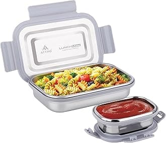 ATTRO Lunchmate Stainless Steel Lunch Box with 1 Small Container Airtight Spill-Proof BPA Free Food Grade Ideal for Office, School, Picnic, 800ml+180ml- Grey