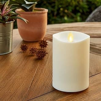 Luminara Flameless Outdoor Pillar Candle Short (Ivory, Unscented, 5.15 Inches Tall), Centerpiece, Melted Edge, Flickering, Smooth Finish, Plastic, LED Battery Operated
