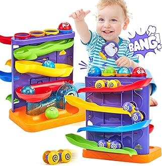 hahaland Toy from 1 Year Boys - 2-in-1 Play Set with Marble Run and Car Racing Track for Toddlers, Educational Toy for Early Development and Montessori, Gifts for 1 2 3 Birthday for Boys Girls