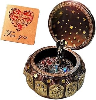Briskfeel Vintage Music Box with Constellations Rotating Goddess LED Lights Twinkling Resin Carved Mechanism Musical Box with Sankyo 18-Note Wind Up Signs of The Zodiac Gift for Birthday (A1 Vintage)