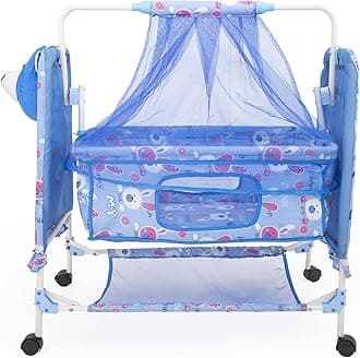 BABYBLESSING Baby Cradle with Swing and Mosquito Net | with Swing Lock | Foldable | Sturdy and Safe | Durable | with Mosquito Net & Pillow | Jhulla | Baby Swing | 0-15 Months | Blue