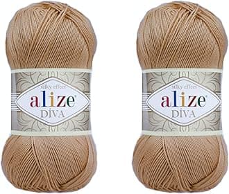 Alize Diva Microfiber Acrylic Yarn - Silk Effect Thread for Crochet & Lace Craft - Lot of 2 Skeins, 200gr, 767 yds (Caramel)