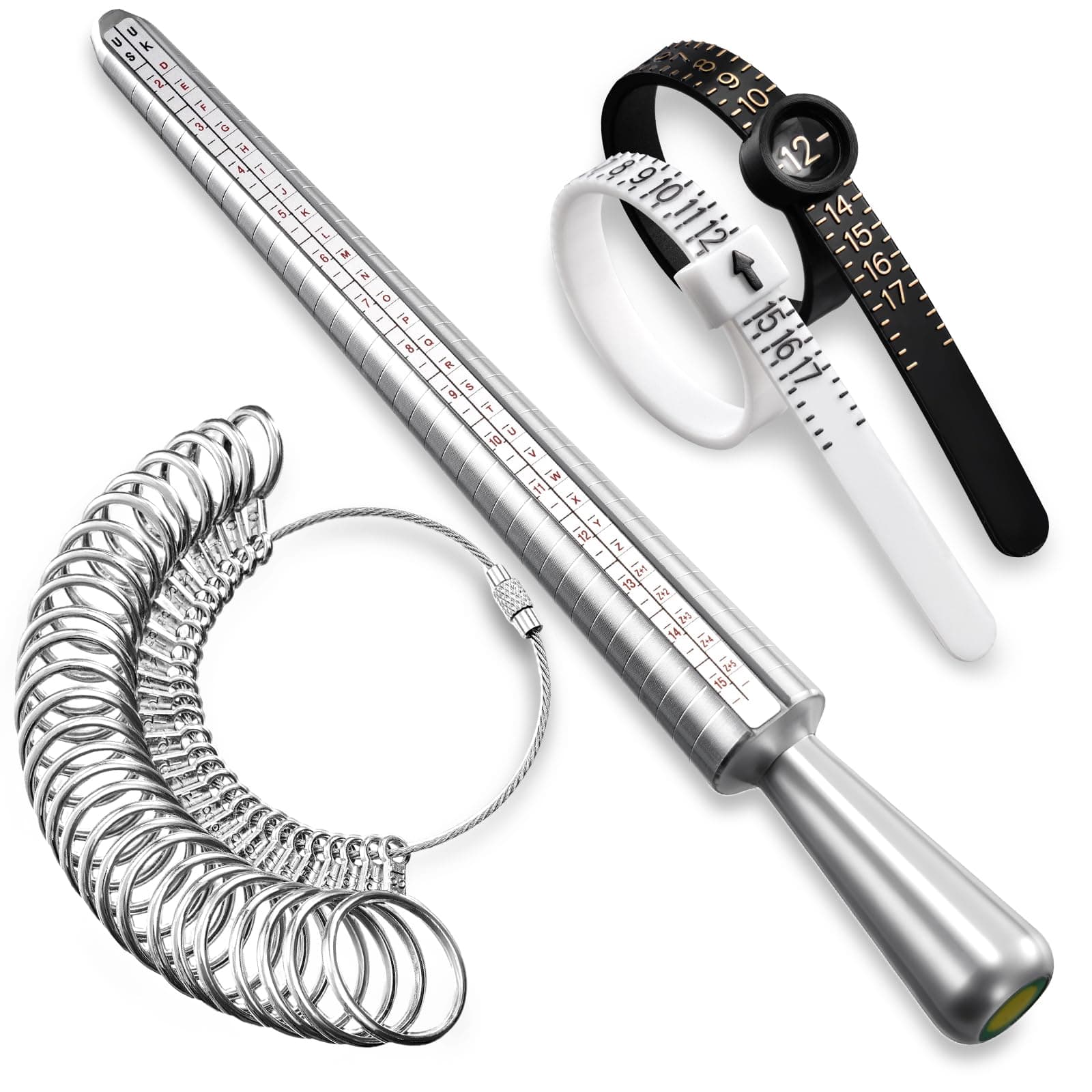 Meowoo Ring Sizer Measuring Tool Set, Ring Gauges with Finger Sizer Mandrel Ring Sizer Tools for Jewelry Sizing Measuring, 4 pcs, Silvery