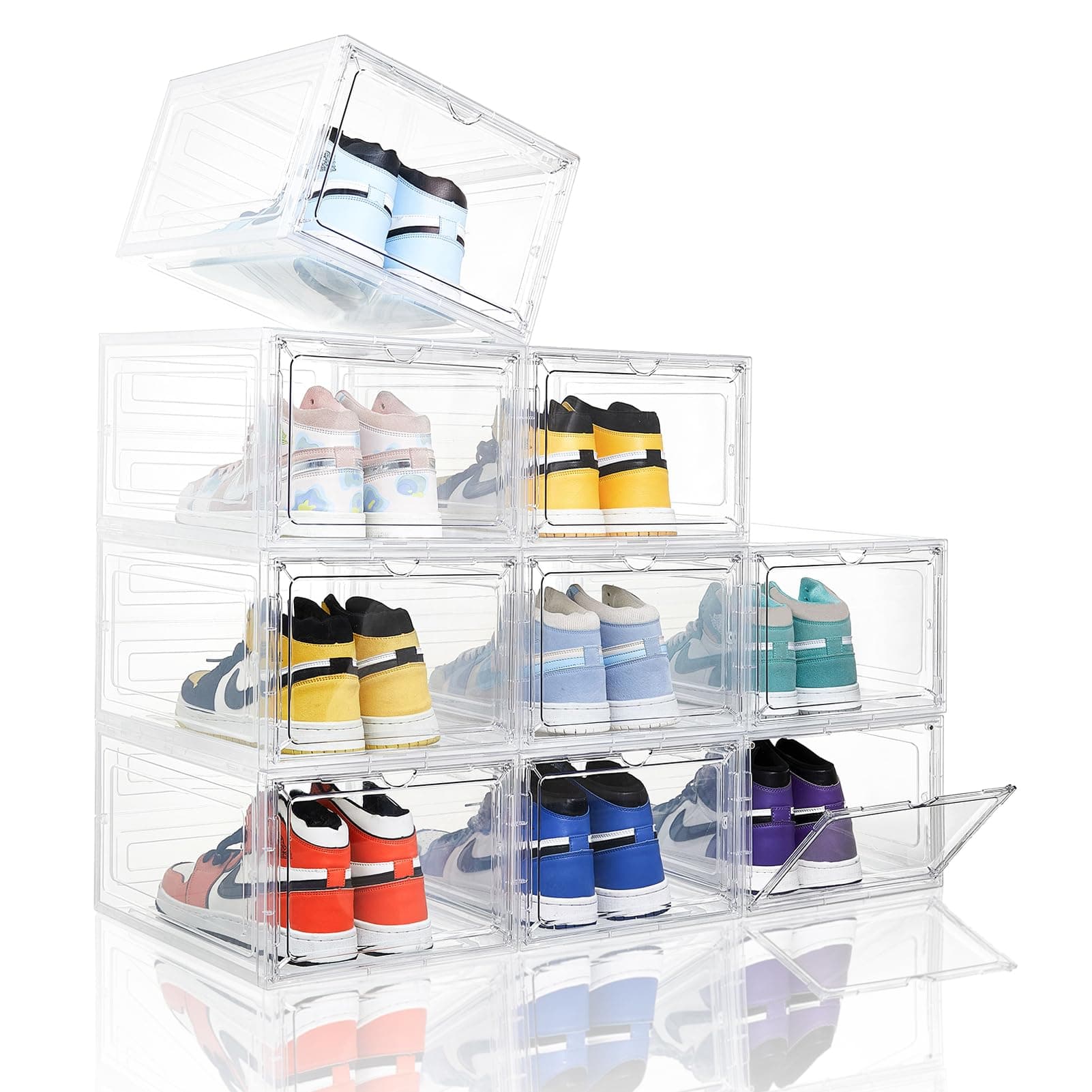 Attelite Clear Shoe Box,Set of 8,Stackable Plastic Shoe Box with Clear Door,As Shoe Storage Box and Drop Front Shoe Box,For Display Sneakers,Easy Assembly