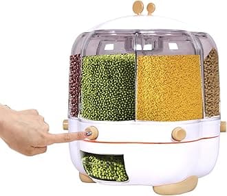 YAGVIZ Rice and Grain Storage Container, 360°Rotating Rice Food Dispenser 6 Grids Rice Container Beans Containers Storage with Sealed lid for Peanut Barley Millet and Cereal, White And Yellow