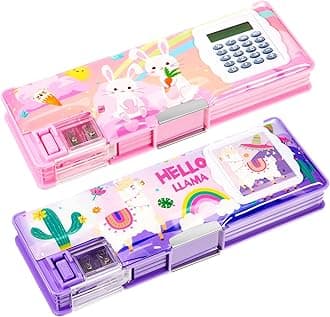 Henoyso 2 Pcs Multifunctional Pencil Box for Girls Cute Pencil Case Plastic Pencil Case with Calculator and Pencil Sharpener Pencil Pouch Gifts (Alpaca, Rabbit)