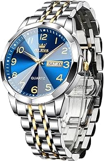 Men's Casual Stainless Steel Watch, Big Face Easy to Read Analog Quartz Watch with Day and Date, Classic Waterproof Diamond Roman Arabic Numerals Dial Dress Watch for Men, Gold Silver Black Band