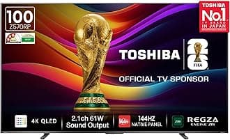 Toshiba 254 cm (100 Inches) 4K Ultra HD Smart QLED TV | Dolby Vision Atmos, HDR10+ | 144 Hz Panel | 2.1 CH 61W Speaker with Sub Woofer | REGZA Engine ZRi | Voice Control | VIDAA OS | 100Z570RP (Black)