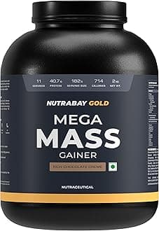 NutrabayGold Mega Mass Gainer Protein Supplement Powder - Complex Carbs to Protein Blend (3:1), 40g Protein, 714 Caloreis, 7.8g BCAAs - 2 Kg, Rich Chocolate Crème