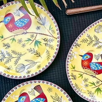 Snack Plates Set of 4 | Perfect for Snacks, Desserts, Appetizers, Salads, Tapas, Cheese | 7 inches Wide | Microwave Safe (Yellow Bird Snack Plates)