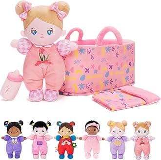 OUOZZZBaby Doll with Carry Bag and Doll Accessories, Pink, 25 cm, Soft Rag Doll, Blue Eyes, Cuddly Doll for Children from 3 Months - Baby Gift for Birth Girls Boys