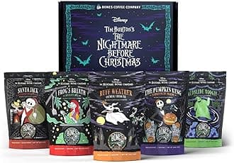 The Nightmare Before Christmas Collector's Box 5 Flavored Coffee Low Acid Medium Roast Arabica Beans Specialty Coffee Gifts For Auto Drip and French Press, 4 oz Pack of 5 Whole