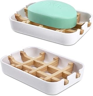 Bamboo Wooden Soap Dishes for Bathroom Bar Soap Holder Shower Soap Holder Sink Deck Bathtub Shower Tray (Two Pieces White)