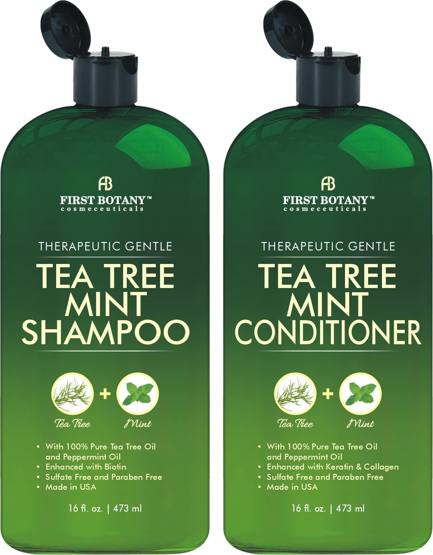 First Botany Tea Tree Mint Shampoo & Conditioner for Men & Women - Pure Tea Tree & Peppermint Oil - Fights Hair Loss, Dandruff, Lice & Itchy Scalp, Promotes Hair Growth - Sulfate Free - 16 Fl Oz x 2