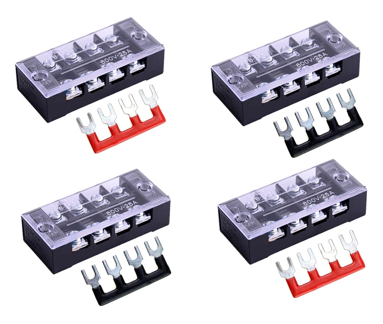 SamIdea 8pcs/ 4 Sets 4 Positions Dual Row 600V 25A Screw Pure Copper Terminal Strip Blocks with Cover + 400V 25A 4 Positions Pre-Insulated Terminal Barrier Strip