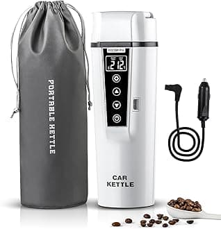Portable Electric Car Kettle: 12V/24V Kettle Mini Water Boiler for Car Heated Travel Mug,Smart Precision Temperature Adjustment Coffee Tea Truck Cup with Handy Kettle Bag (White, 400ML)