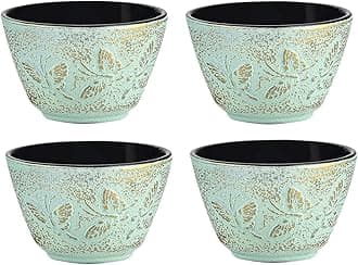 Sungmor Cast Iron Teacups - Set of 4 & 5 Ounce Japanese Style Tea Cups - Heavy Weight Green Butterfly Teacups - Coated with Enameled Interior Vintage Teacups for Households, Offices, Tea House