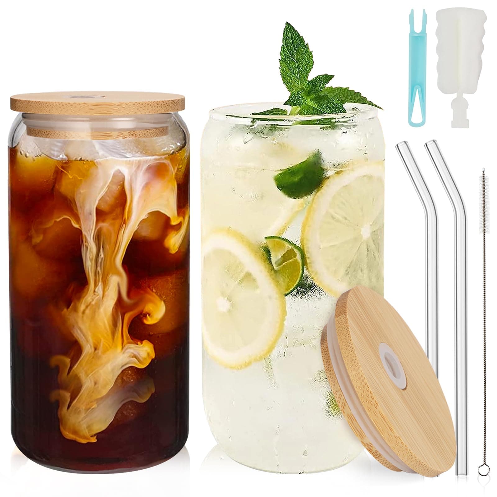 2 Pack Can Shaped Drinking Glasses with Bamboo Lids and Straws, 19oz/550ml Bamboo Cups, Beer Can Glasses, Iced Coffee Glasses, Ideal for Water, Cocktail, Whiskey, Soda, Beer